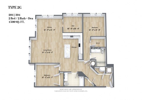 A floor plan for a TYPE 2G property with 201 square feet, featuring two bedrooms, two bathrooms, and a den.